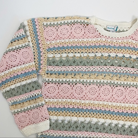 VINTAGE Cottage Crochet Open Knit Linen Blend Sweater Medium Spring Pastel - Picture 12 of 13